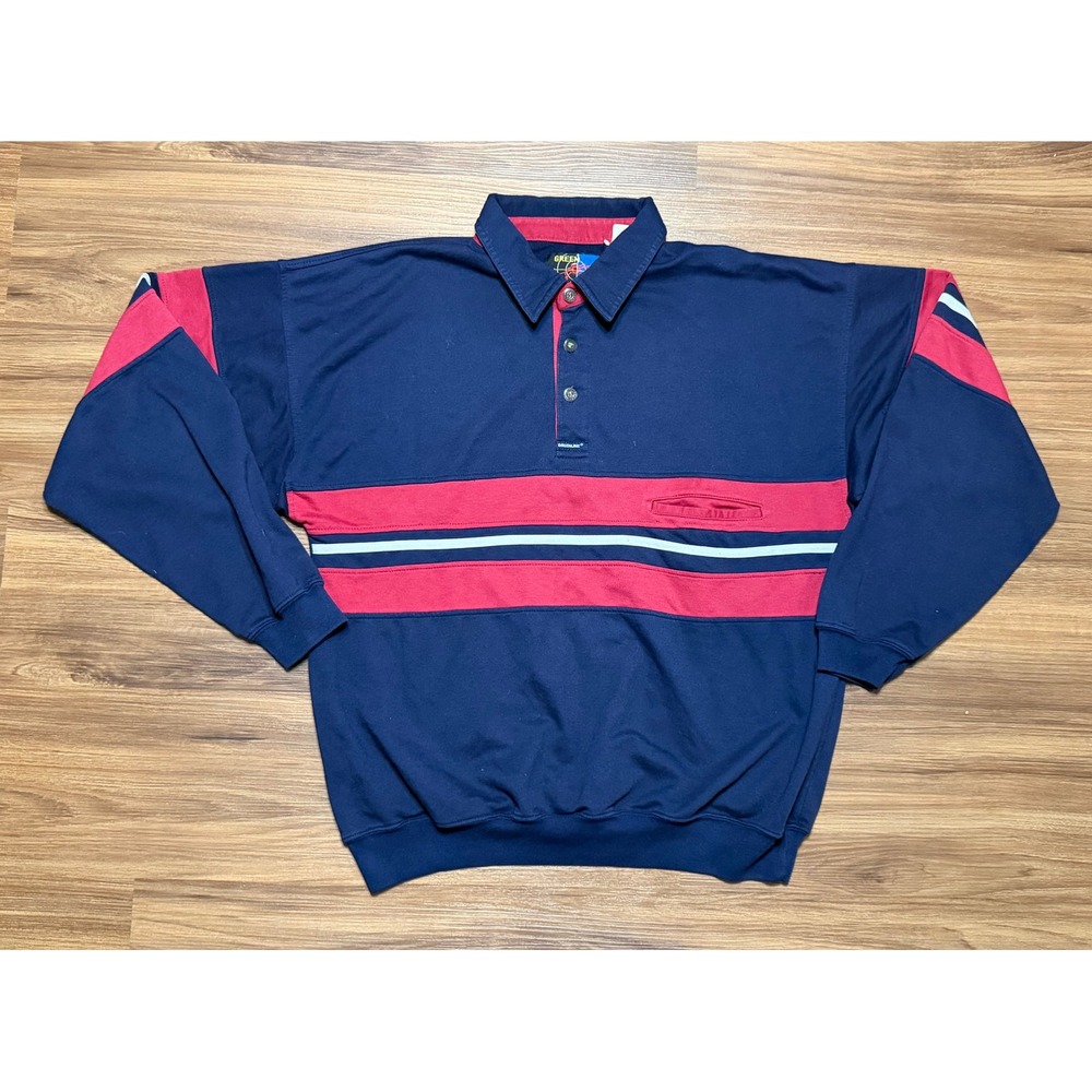 VTG Greenline Mens Navy Red Colorblock Long Sleeve Rugby Polo Sweatshirt Sz L